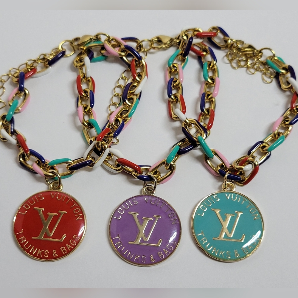 Multi Color Chain Link Bracelet LV Trunks & Bags Charm Zip Pull, Choice Of One